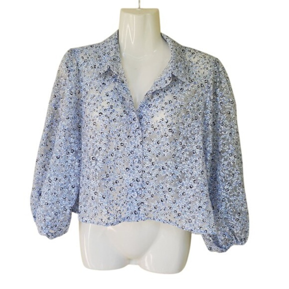 Zara Blue Floral Sheer Mesh Cropped Button Down Puff Sleeve Blouse Medium